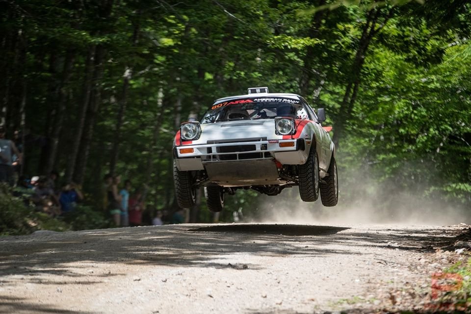 Mal Swann Rally Team from New Brunswick, Canada jumping at New England Forest Rally in 2019